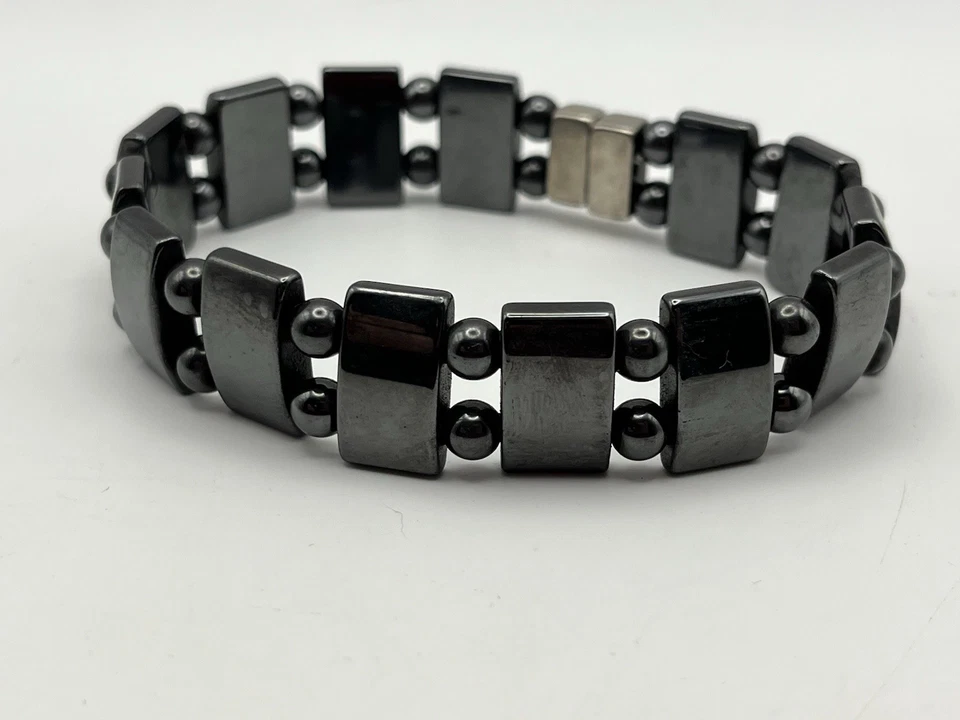 Vintage 9.25" Magnetic Hematite Bracelet Anklet 2 Row Arthritis Large Stones - Image 2 of 4