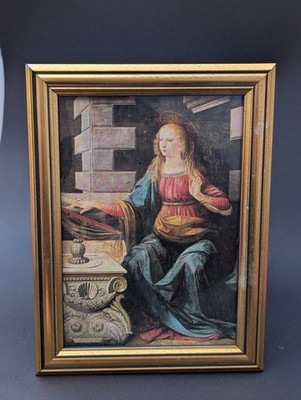 Leonardo da Vinci Verkündigung Maria Buchseite Druck Goldrahmen Vintage 16x21 cm