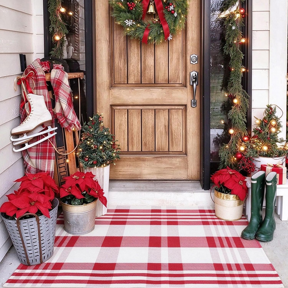 Christmas Door Mat Outdoor 27.5x43 Inches Cotton Hand-Woven Red White ...