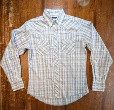 Wrangler Western Shirt Mens Medium Plaid Blue White Cotton Pearl Button Vintage