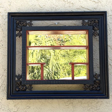 Vintage Asian Wood Carved Roses Frame Shadowbox Wall Mirror Display, Red Shelves