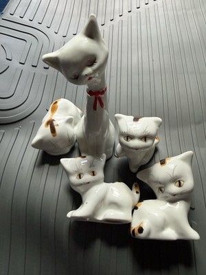 Vintage White Calico Cat Ceramic Figurines Lot 5 Long Neck Kitty