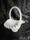 Vintage Fenton Hobnail White Milk Glass Basket w/ ruffled edge and handle (READ)