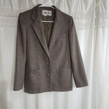 Houndstooth Tweed Blazer Wool Blend Earth Tones Vtg Women  s Preppy Jacket 9/10