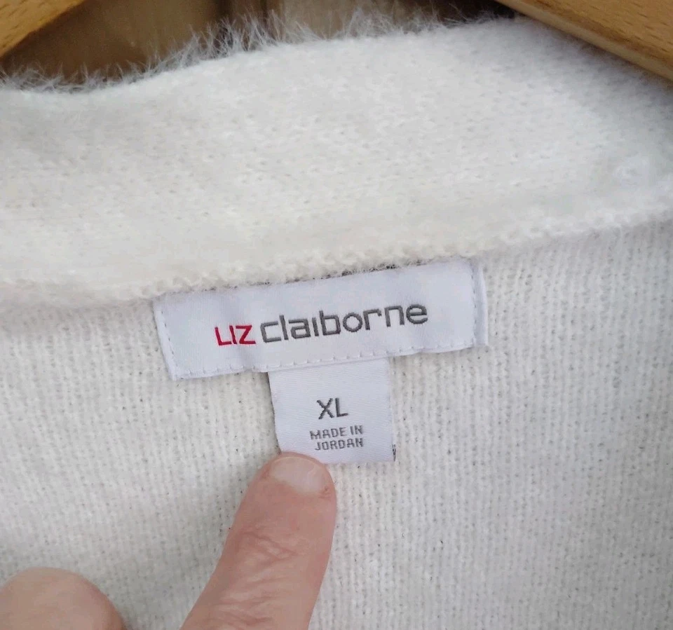 NUEVO LIZ CLAIBORNE BLANCO SUAVE DIFUSO CÁRDIGAN SUÉTER IMITACIÓN ESTRÁS BOTÓN TALLA XL Foto 4 de 4