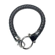 OMEGA Intrecciato Braided Leather Bracelet Black Silver Size M/L 20cm 7.87in MIN