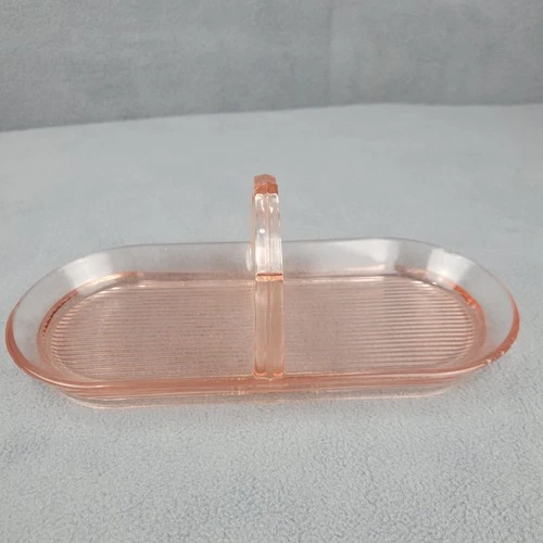 Vintage Pink Depression Glass Oval Candy Dish/Relish Tray Handle Ribbed Bottom