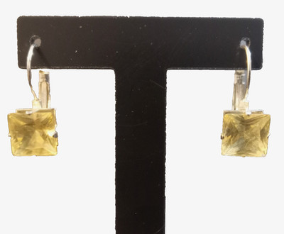 Silver Tone Square Cut Earrings Lemon Citrine Faux Quartz Huggie Lever Back