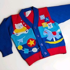Vintage 90s Colorblock Knit Button Sweater Cardigan Baby Toddler Primary Teddy
