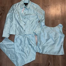 Harris Wallace Size 10 100% Silk 3 Piece Pant Suit Jacket Tank Top Turquoise NEW