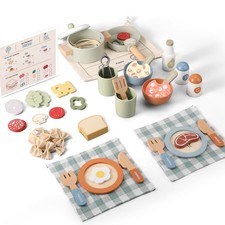 Pithfor Wooden Play Cooking Set  Pretend Play Kitchen Accessories, Dishes, Food