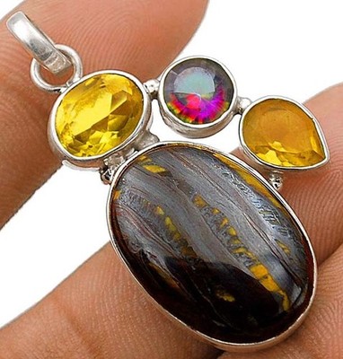 Natural 9g Tiger Iron Jasper & Citrine 925 Sterling Silver Pendant Jewelry
