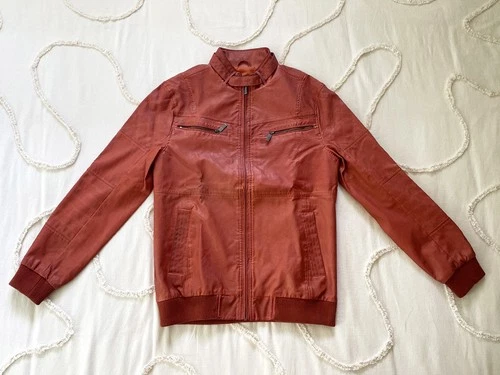 Desigual Orange Vegan Leather Padded Biker Motorcycle Jacket Size Medium Spain - product listing photo