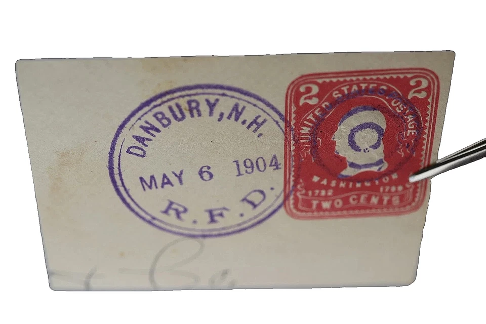 🚩Cut Square Circle Fancy Cancel Violet-2¢ Wash Red R.F.D Danbury, N.H 1904 HTF - Image 2 of 2