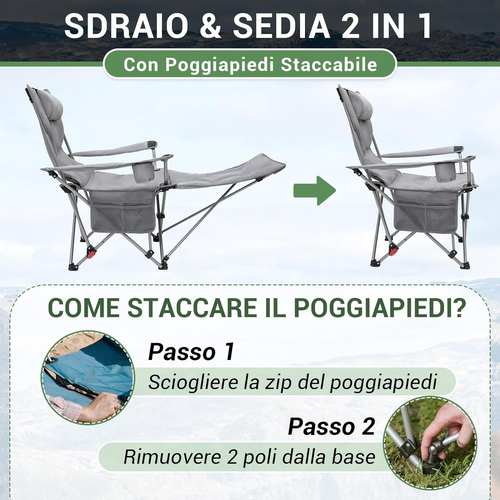 Sedia da Campeggio Pieghevole Reclinabile, Sedia Sdraio da Spiaggia Portatile, S - Foto 5 di 9