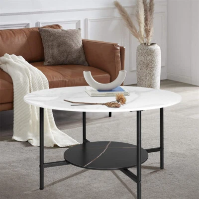 FATIVO Couchtisch Weiß Wohnzimmertisch Rund Beistelltisch Sofatisch Steinplatte - Bild 1 von 4
