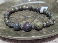 12mm Dragons Blood Jasper  Silver Bead9.5" Length Bead Bracelet Unisex Stretch