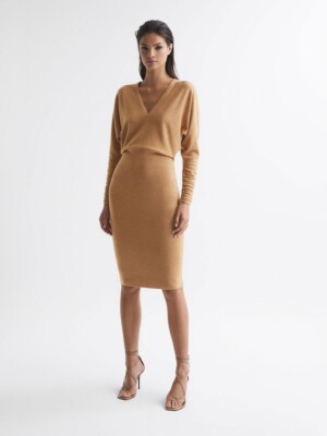 REISS Jenna Cashmere Blend Ruched Sleeve Dress in Camel Size M