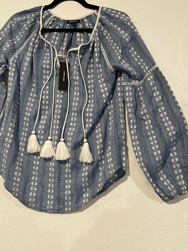 Anthropologie Blue/white Love Sam Boho Peasant Blouse Puff Sleeves Sz Small NWT - Picture 3 of 10