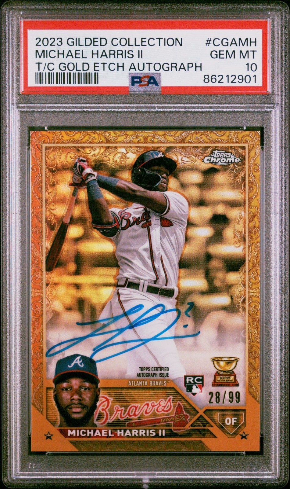 MICHAEL HARRIS 2023 TOPPS GILDED GOLD ETCH AUTO RC #CGAMH 28/99 PSA 10 GEM MT