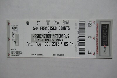 WASHINGTON NATIONALS VS GIANTS 8/5/2016 FULL TICKET ~ PAGAN/TURNER/RAMOS HRs