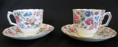 Crown Staffordshire  Springtime  Two Cups & Saucers Vintage English Bone China