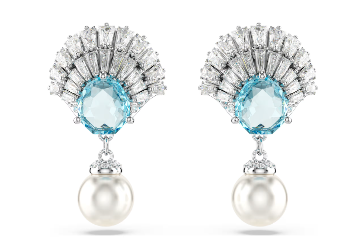 Swarovski Idyllia drop earrings Crystal pearl, Blue, Rhodium plated 5680301