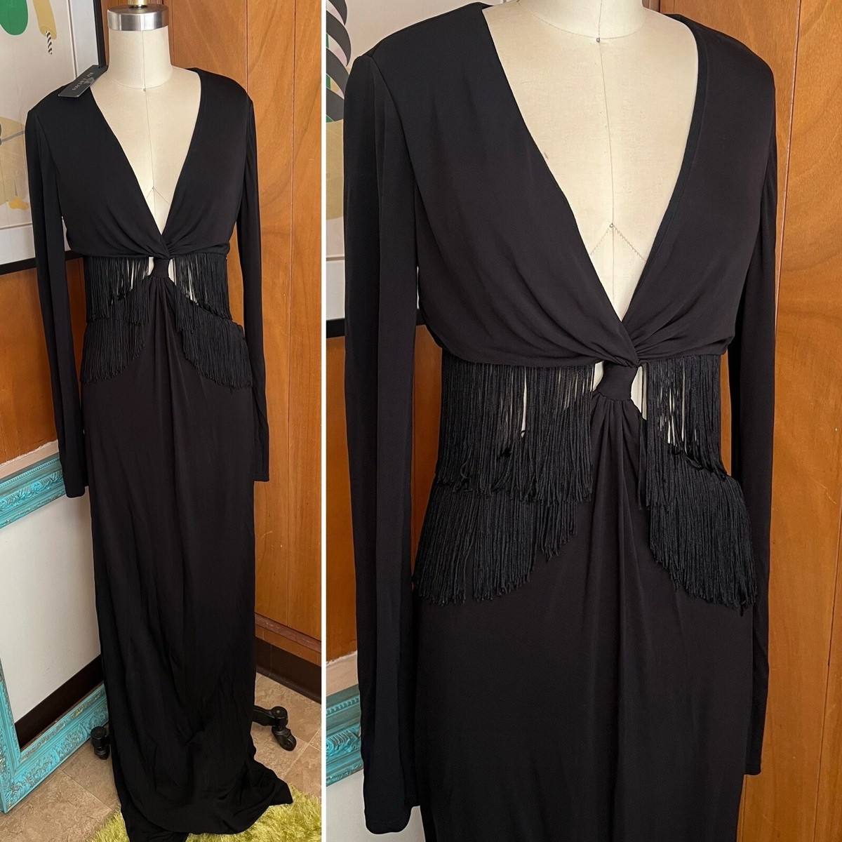 Nwt $595 Rachel Zoe Tassel Fringe Cut Out Maxi Dress Sz black