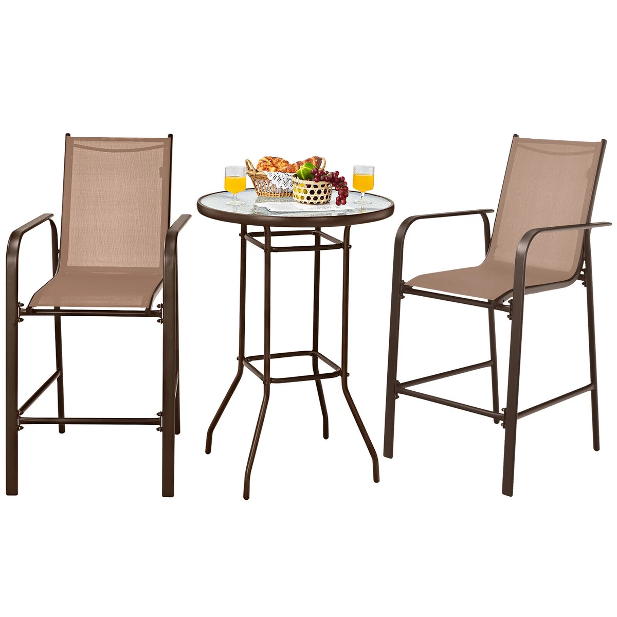 3PCS Patio Bar Set Outdoor Bistro Set w 2 Stools 1 Tempered