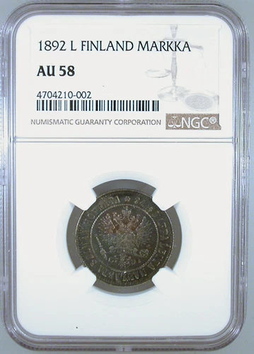 1892-L Finland 10 Markaa AU-58 NGC Certified