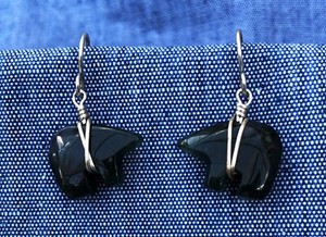Original Design Sterling Wire Bail Moss Agate Fetish Bear Earrings .925 Wire 1"L