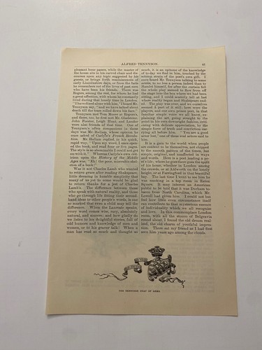 Lord Alfred Tennyson Family Coat of Arms Baron England c. 1883 Print