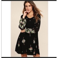 Free People Black Embroidered Floral Mini Dress Long Sleeve Size S Whimsigoth