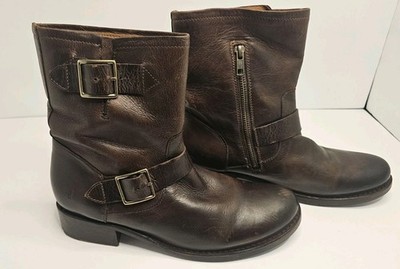 Frye Vicky Women's 10 Engineer Boots Brown Leather Slip On Casual Buckle