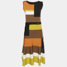 CH Carolina Herrera YellowBlack Stretch Knit Flared Midi Dress S