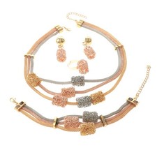 Three Tone Gold Plated Metal Necklace Bracelet Earring Set HQX351-3T