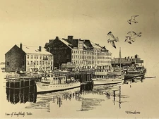 Original Print Pen Ink Long Wharf, Boston Signed RE Kennedy 14" x 10”