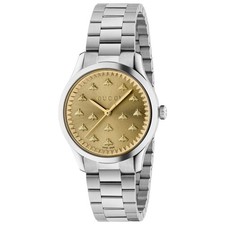 Gucci G-Timeless SWISS Quartz Gold Dial Stainless Steel Ladies Watch YA1265035
