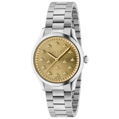 Gucci G-Timeless SWISS Quartz Gold Dial Stainless Steel Ladies Watch YA1265035