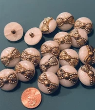 18 Faux Pearl 3/4” Buttons Gold Tone Bow Embellishing Shank Sewing Buttons