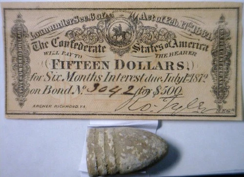 1864 CONFEDERATE $15 Intrst Note PLUS a Civil War UNused never fired BULLET NR