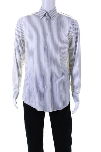 Theory Mens Long Sleeve Striped Button Up Shirt Gray White Size 16