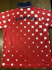 Vtg 90s Tommy Hilfiger Soccer Jersey Mens M Made in USA Red Checkered 5 Spellout