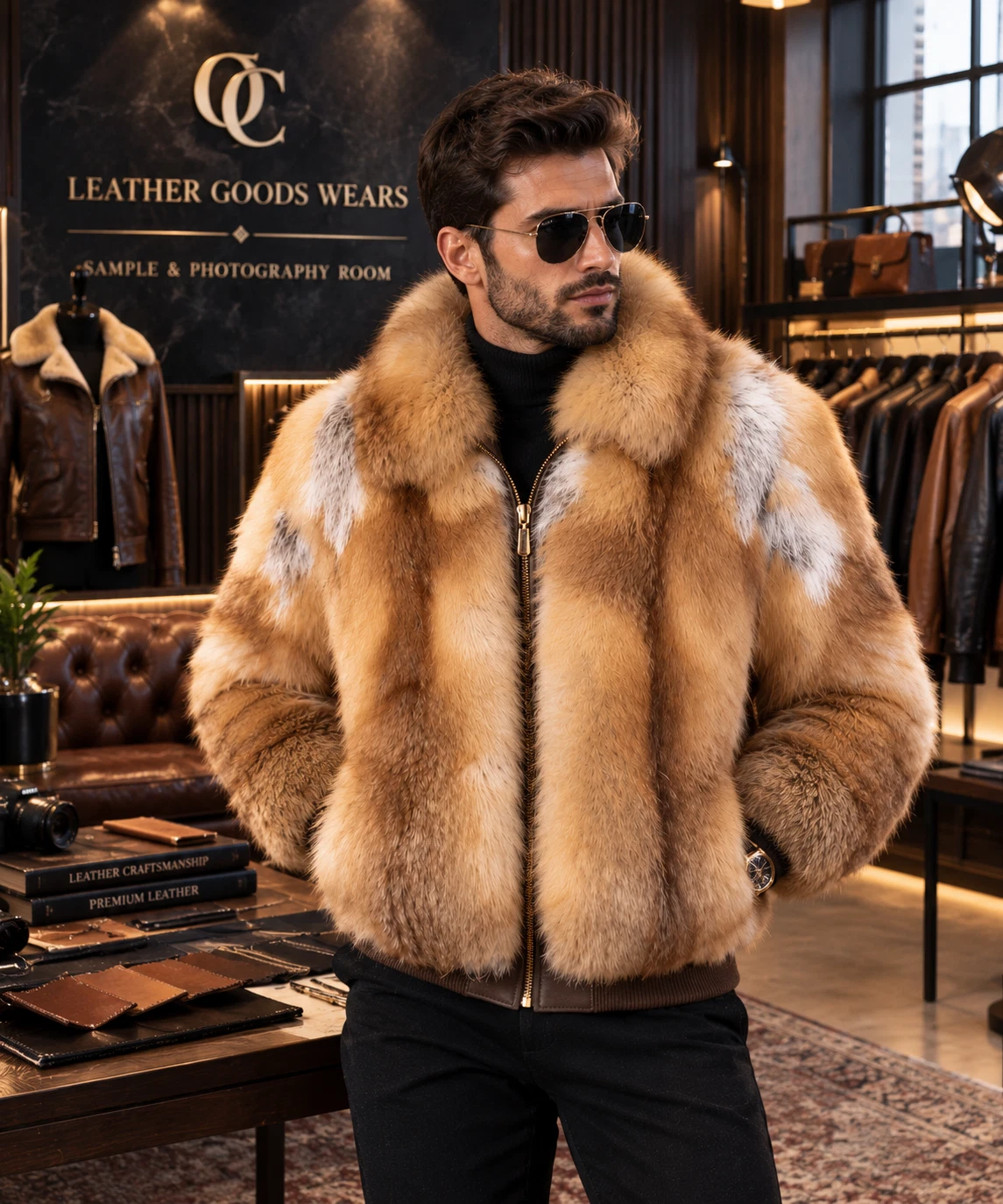 Men's Fox Fur Bomber Jacket Tan Brown Luxury Winter Coat Warm Classic Fur Jacket - product detail image 2