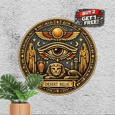 Egyptian Pharaoh Gold Blue Round Metal Sign Vintage Ancient History Tin Plaque