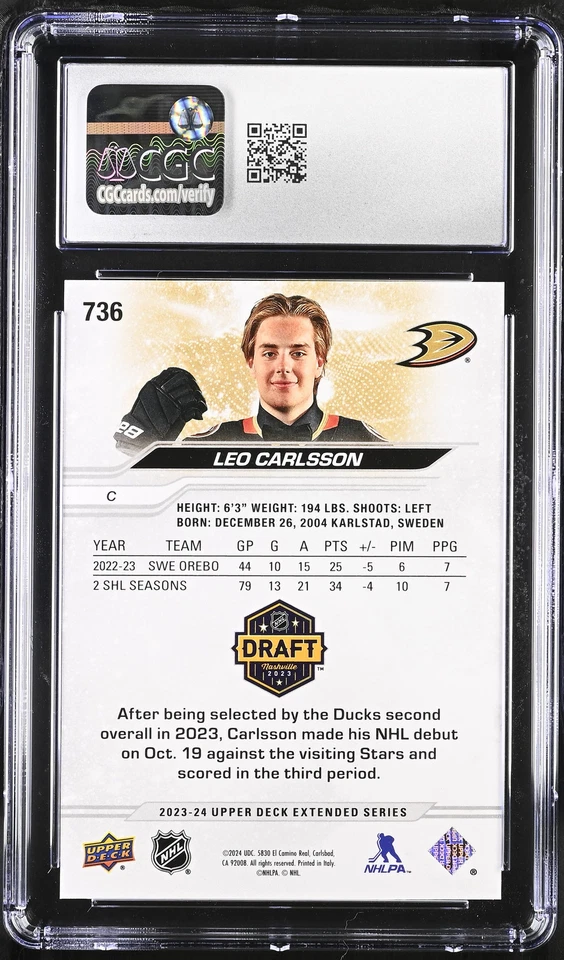 2023-24 Upper Deck Extended Series Leo Carlsson Outburst CGC 10 - Image 2 of 2