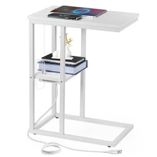 C Shaped End Table with Charging Station, Small Side Table for Couch, Snack S...