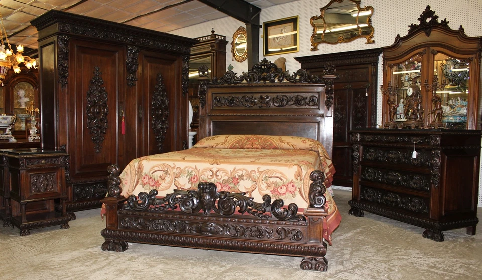 Antique Carved Italian Walnut 1800's Five Piece Queen Bed Bedroom Set - Image 2 of 4