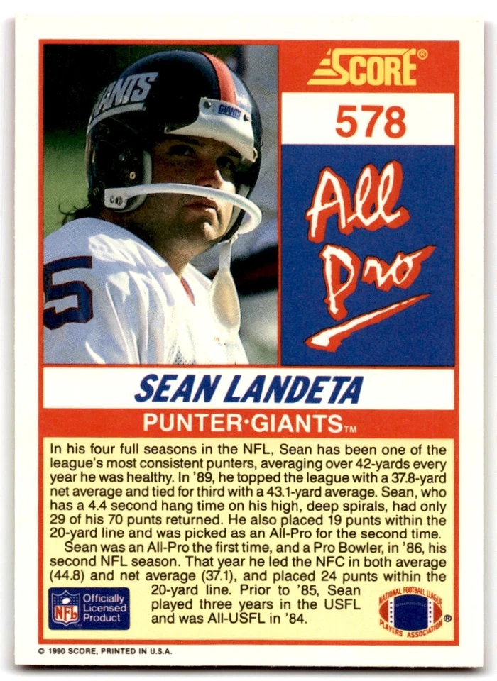 1990 Score Sean Landeta New York Giants #578 - Image 2 of 2