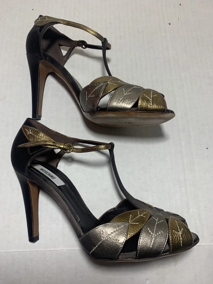 Moschino Heels Metallic Leaves Leather Ankle Strap Open Toe Size 39 US 8.5 - Image 4 of 4
